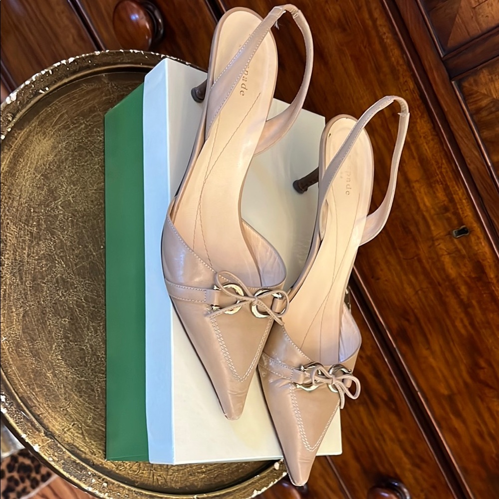 Nude Pointed-Toe Slingback Heels with Bow Detail